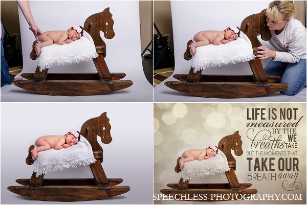 Composite of baby posed on rocking horse padded with blankets